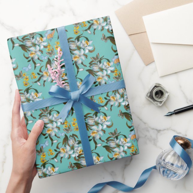 Papier Cadeau Orchidées Papillons Turquoise Botanique Toutes les (Cadeaux)