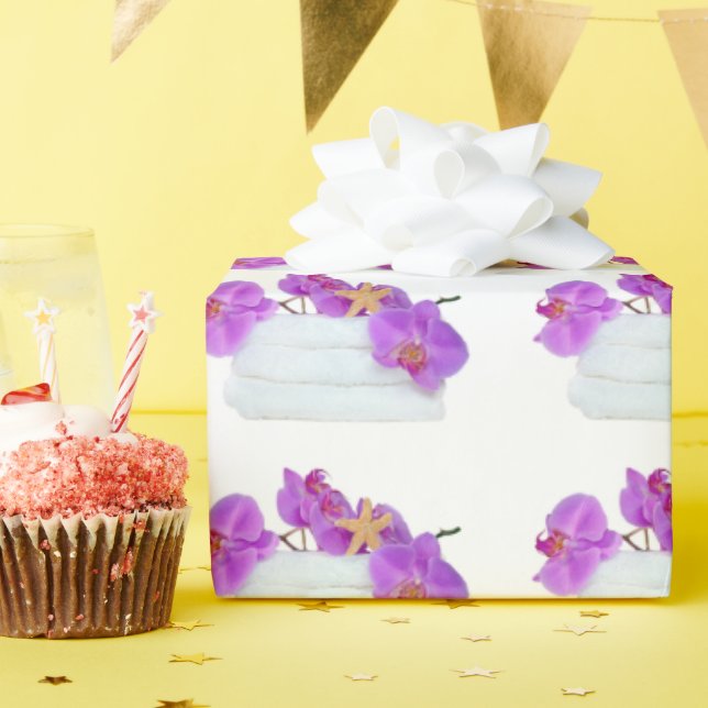 Papier Cadeau orchidées roses et étoiles de mer sur serviettes b (Fête d'anniversaire)
