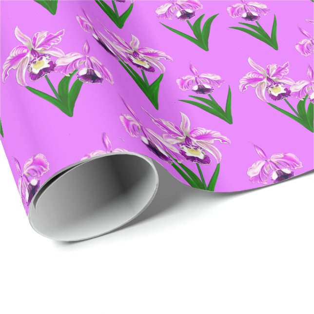 Papier Cadeau Orchidées sauvages - Orchidées violettes et feuill (Coin rond)