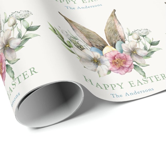Papier Cadeau Oreilles et oeufs de lapin floral Pâques (Coin rond)
