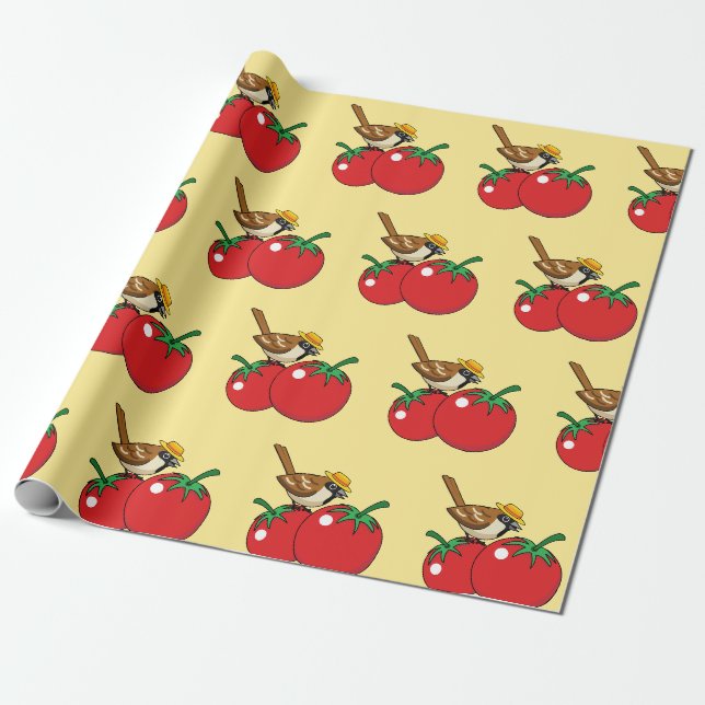 Papier Cadeau Organic lover Sparrow Eating Red Tomato (Déroulé)