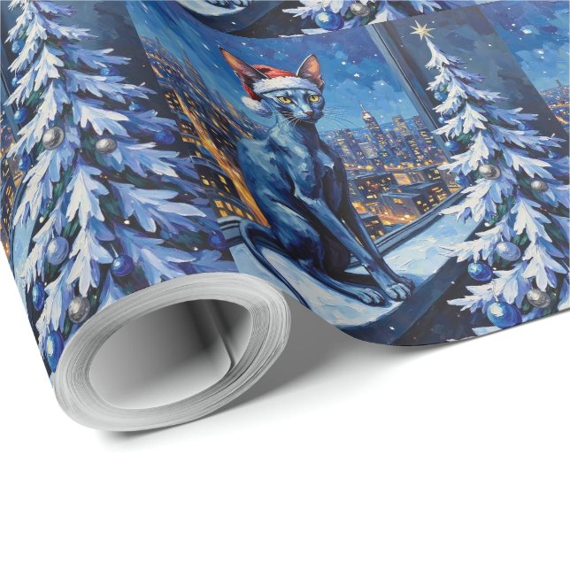 Papier Cadeau Oriental Blue Cat Christmas High-Rise City Lights (Coin rond)