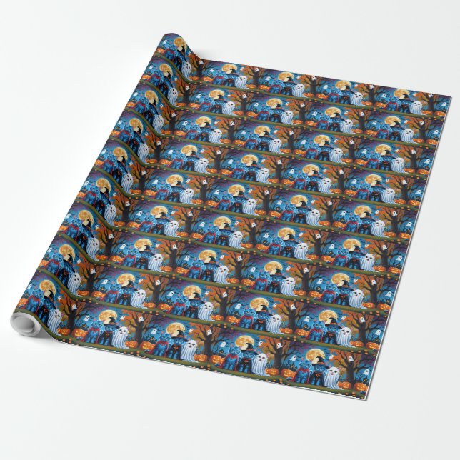 Papier Cadeau Oriental Blue Cats Citrouille Halloween Drôle (Déroulé)