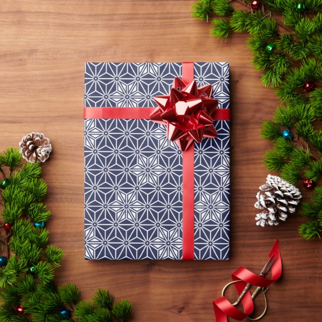 Papier Cadeau Oriental Navy Blue Star Asanoha Japon Motif (Cadeau de vacances)