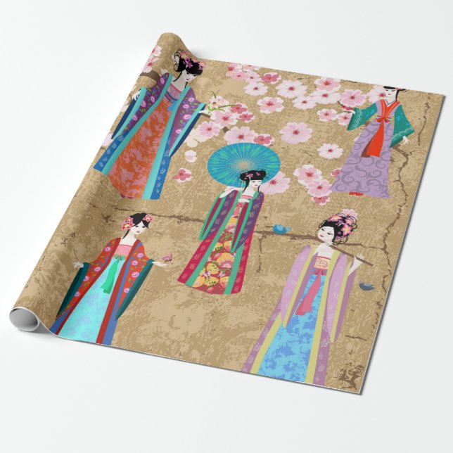 Papier Cadeau Orientale fille en retro costumejapanese, chinois, (Déroulé)