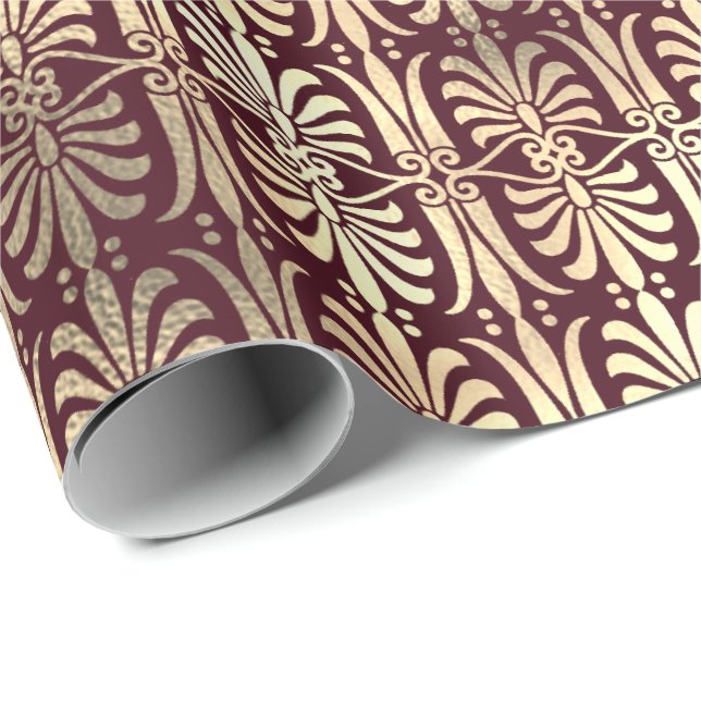 Papier Cadeau Ornement Art Déco Black Gold Sepia Bourgogne Rouge (Coin rond)