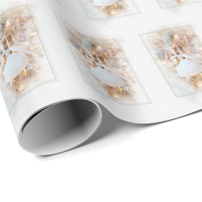 Papier Cadeau Ornement de coquillages avec perle et arc (Coin rond)
