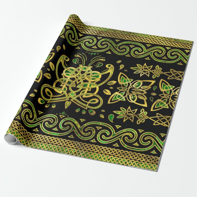 Papier Cadeau Ornement de papillons celtes - Vert et or (Déroulé)