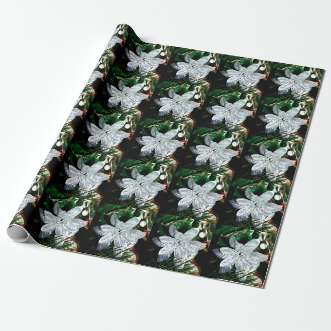 Papier Cadeau Ornement - Décoration Poinsettia Argent (Déroulé)
