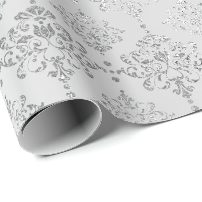 Papier Cadeau Ornement royal monochromatique Damask Argent (Coin rond)