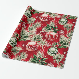 Papier Cadeau Ornements brillants de Noël vintage sur fond cramo