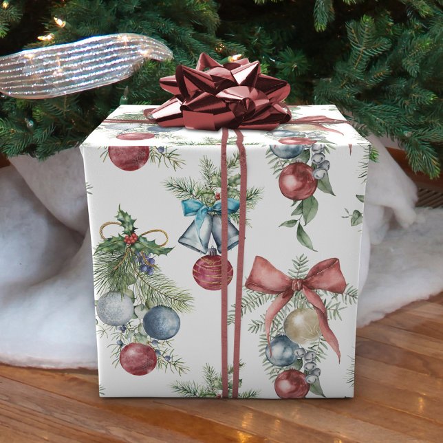 Papier Cadeau Ornements de Noël Aquarelle Botanique (Créateur téléchargé)