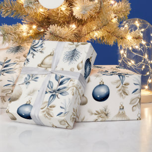 Papier Cadeau Ornements de Noël bleu et beige