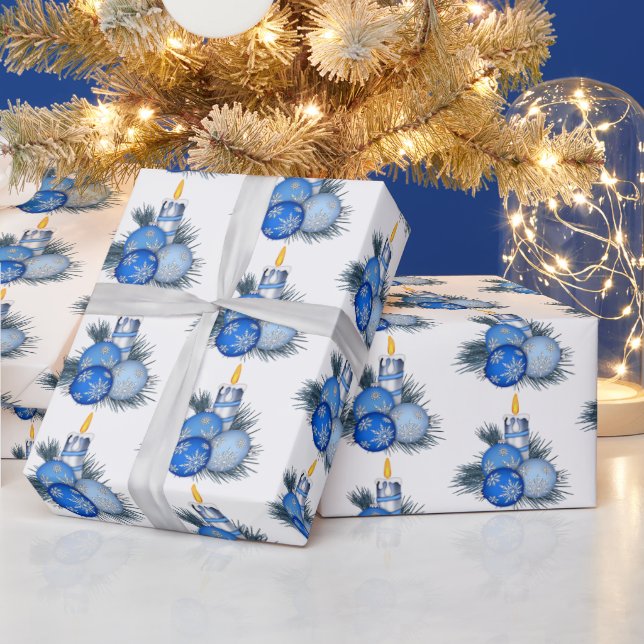 Papier Cadeau Ornements de Noël bleu et bougie (Vacances)