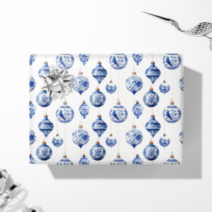 Papier Cadeau Ornements de Noël Bleus et Blancs de Style Chinois