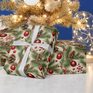 Papier Cadeau Ornements de Noël, Cônes de pin, Branches de pin