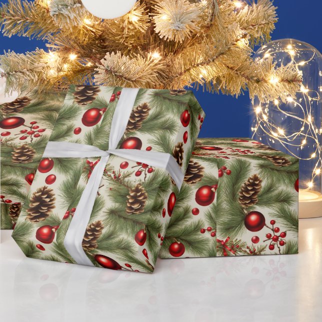 Papier Cadeau Ornements de Noël, Cônes de pin, Branches de pin (Vacances)