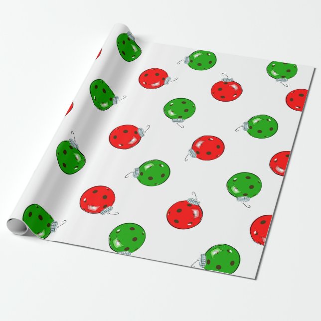 Papier Cadeau Ornements de Noël de Pickleball Rouge Vert sur Bla (Déroulé)