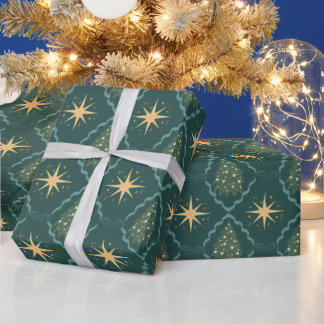Papier Cadeau Ornements de Noël en étoiles dorées vert émeraude