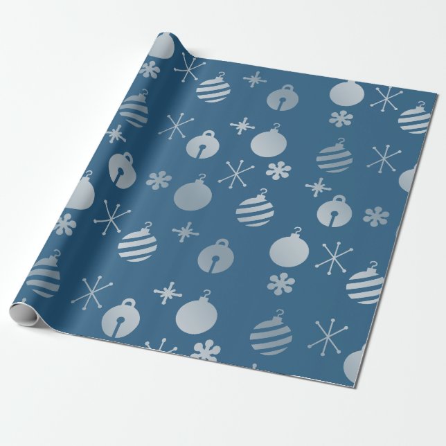 Papier Cadeau Ornements de Noël rétro Argent bleu (Déroulé)