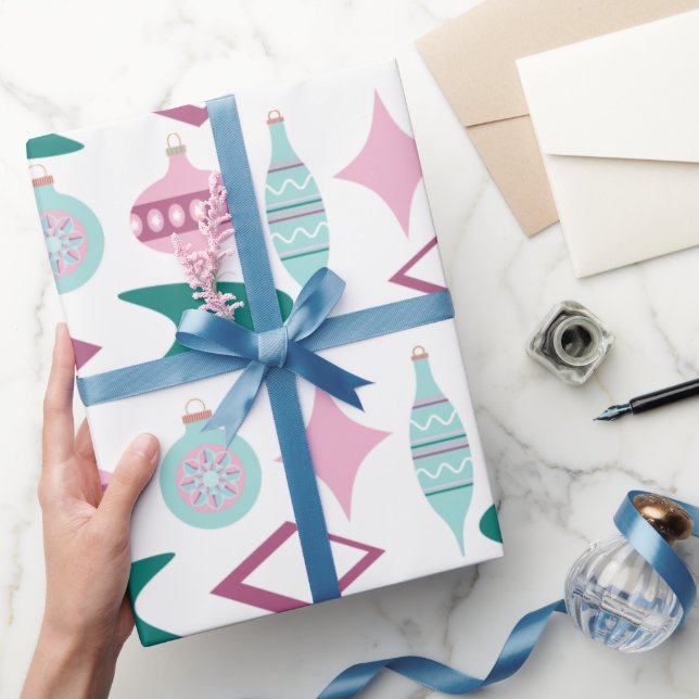Papier Cadeau Ornements de Noël rétro rose et turquoise (Cadeaux)