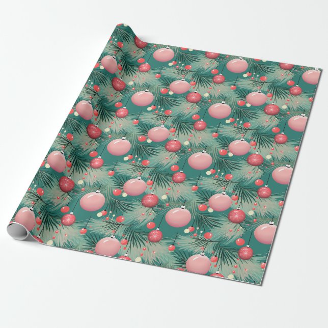 Papier Cadeau Ornements de Noël rose du milieu du siècle (Déroulé)
