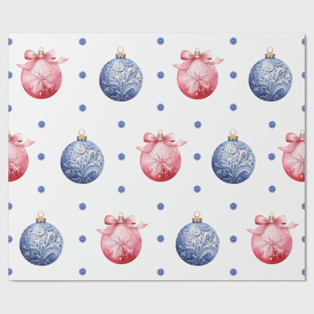 Papier Cadeau Ornements de Noël rose et bleu sur blanc (Plat)
