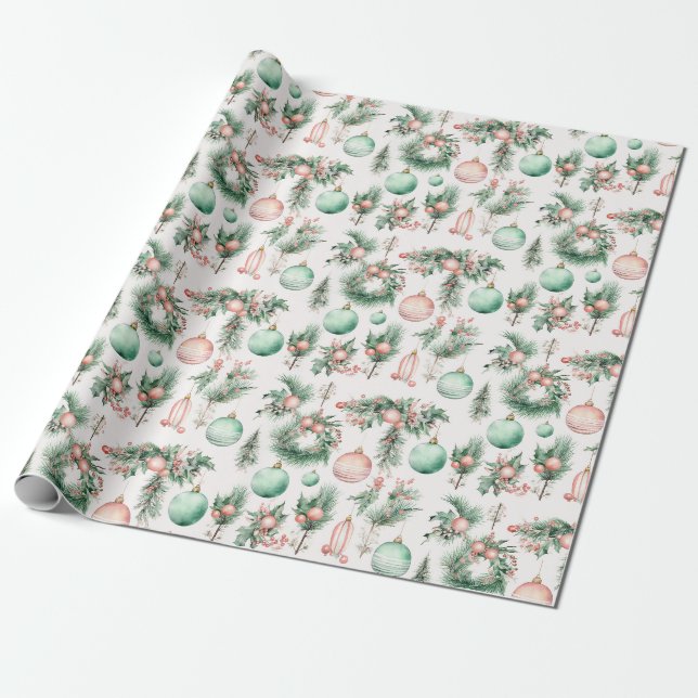 Papier Cadeau Ornements de Noël rose menthe (Déroulé)