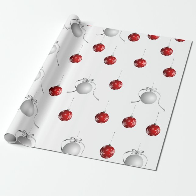 Papier Cadeau Ornements de Noël Rouge et Argent (Déroulé)
