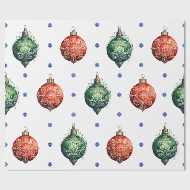 Papier Cadeau Ornements de Noël rouge et vert sur blanc (Plat)