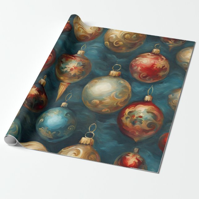 Papier Cadeau Ornements de Noël victoriens sur Bleu Élégant (Déroulé)