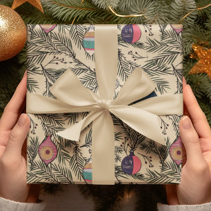 Papier Cadeau Ornements de Noël Vintage Or, Pin, Berries