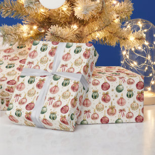 Papier Cadeau Ornements de Noël vintage rose vert rouge