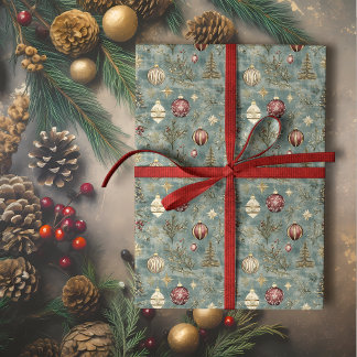 Papier Cadeau Ornements de Noël vintage sur bleu