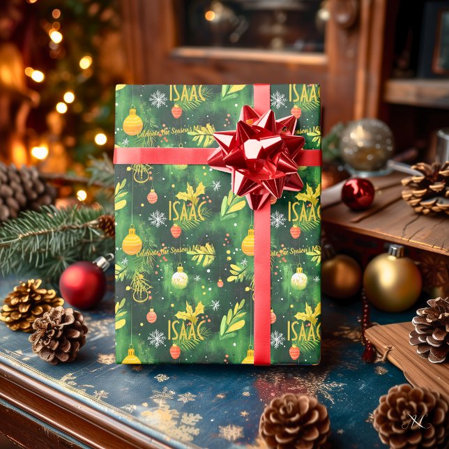 Papier Cadeau Ornements de vacances personnalisés Vert et Or (Créateur téléchargé)