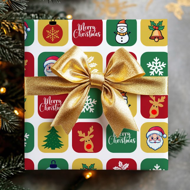Papier Cadeau Ornements modernes de Noël Père Noël Tree Snowman (Modern Christmas Santa Tree Ornaments Snowman Wrapping Paper)