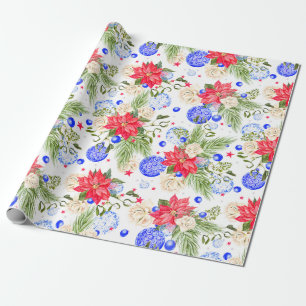 Papier Cadeau Ornements roses et bleus de poinsettia de Noël