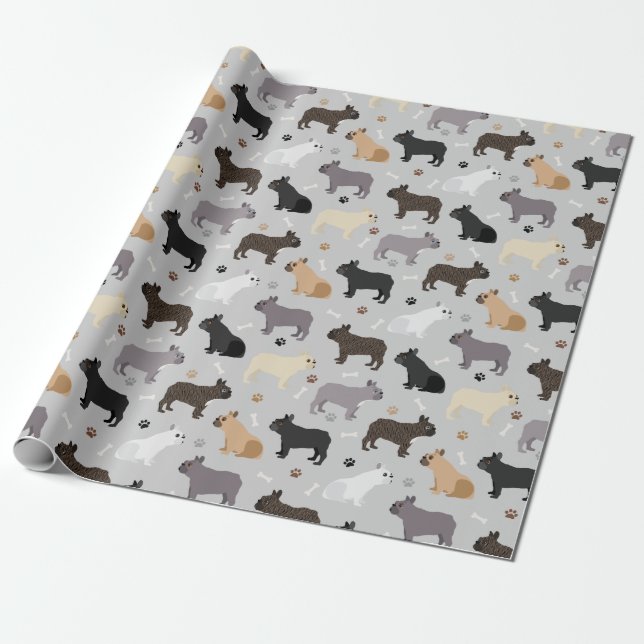 Papier Cadeau Os et pattes de Bulldog en France gris (Déroulé)
