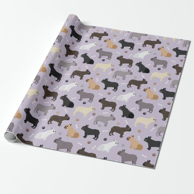 Papier Cadeau Os et pattes de Bulldog français violet (Déroulé)