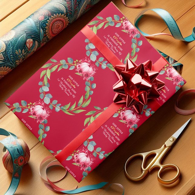 Papier Cadeau Our Little Pumpkin 1st Birthday Green Wreath Pink (Our Little Pumpkin 1st Birthday Green Wreath Pink Wrapping Paper)