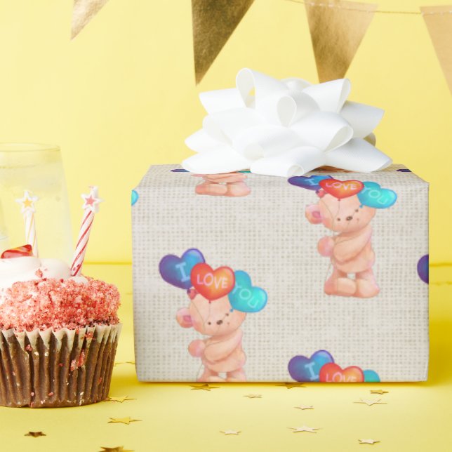 Papier Cadeau Ours avec I Love You Balloons (Fête d'anniversaire)