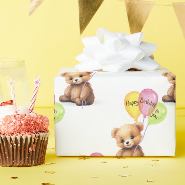 Papier Cadeau Ours D'Anniversaire Avec Bouquet De Ballotte (Fête d'anniversaire)