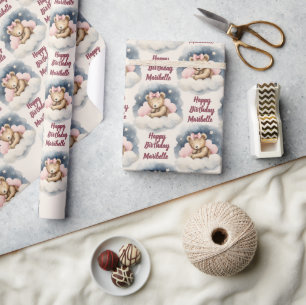 Papier Cadeau Ours de bébé céleste Filles personnalisées Anniver