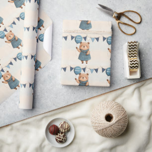 Papier Cadeau Ours de fille avec robe bleue plaid et ballon
