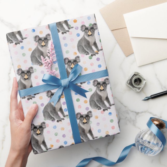 Papier Cadeau Ours de Koala avec lunettes de Groucho sur Pois (Cadeaux)