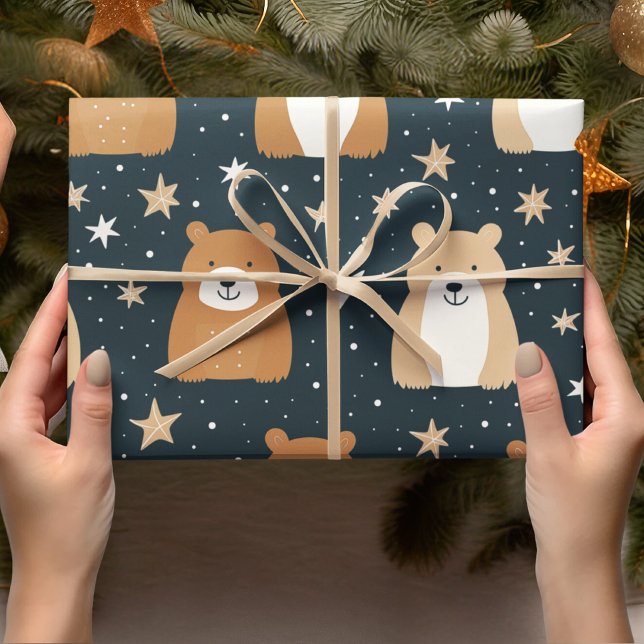 Papier Cadeau Ours de Noël bleu marine et Brown (Créateur téléchargé)