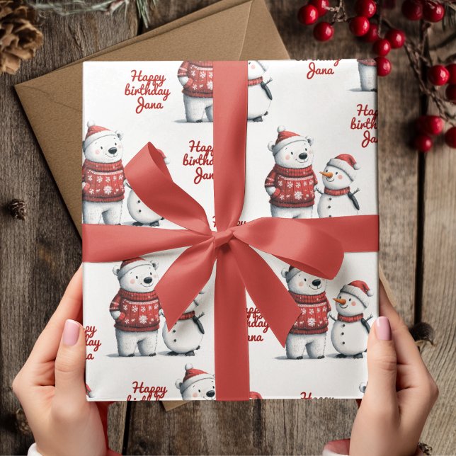 Papier Cadeau Ours d'hiver rouge et neige | Hiver (Créateur téléchargé)