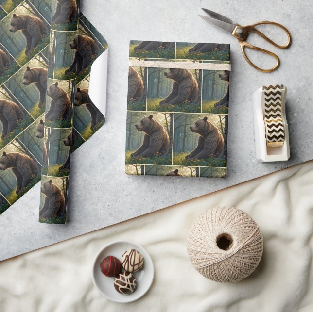 Papier Cadeau Ours En Bois D'Été Avec Fleurs sauvages (Artisanat)
