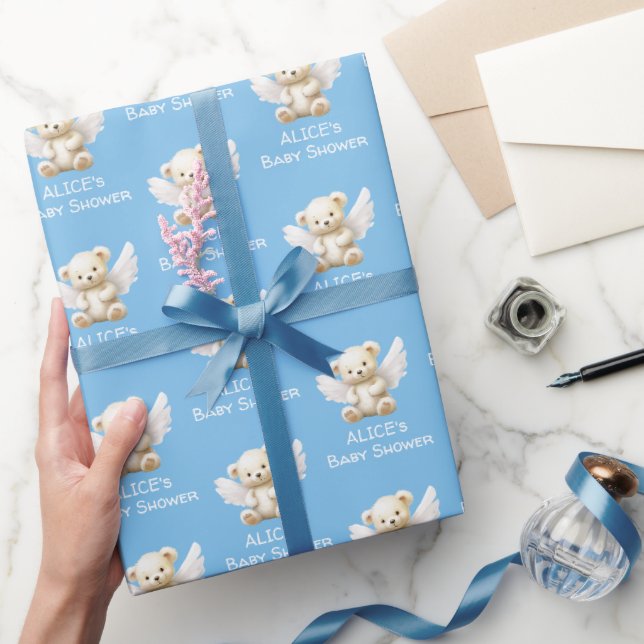 Papier Cadeau Ours en peluche Angel avec nom Baby shower bleu (Cadeaux)