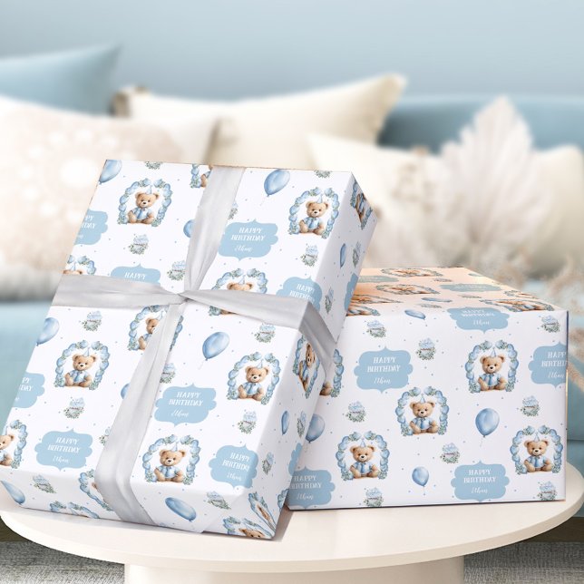 Papier Cadeau Ours en peluche Anniversaire Nom du garçon Papier  (Teddy Bear Birthday Boy Name Blue Wrapping Paper)